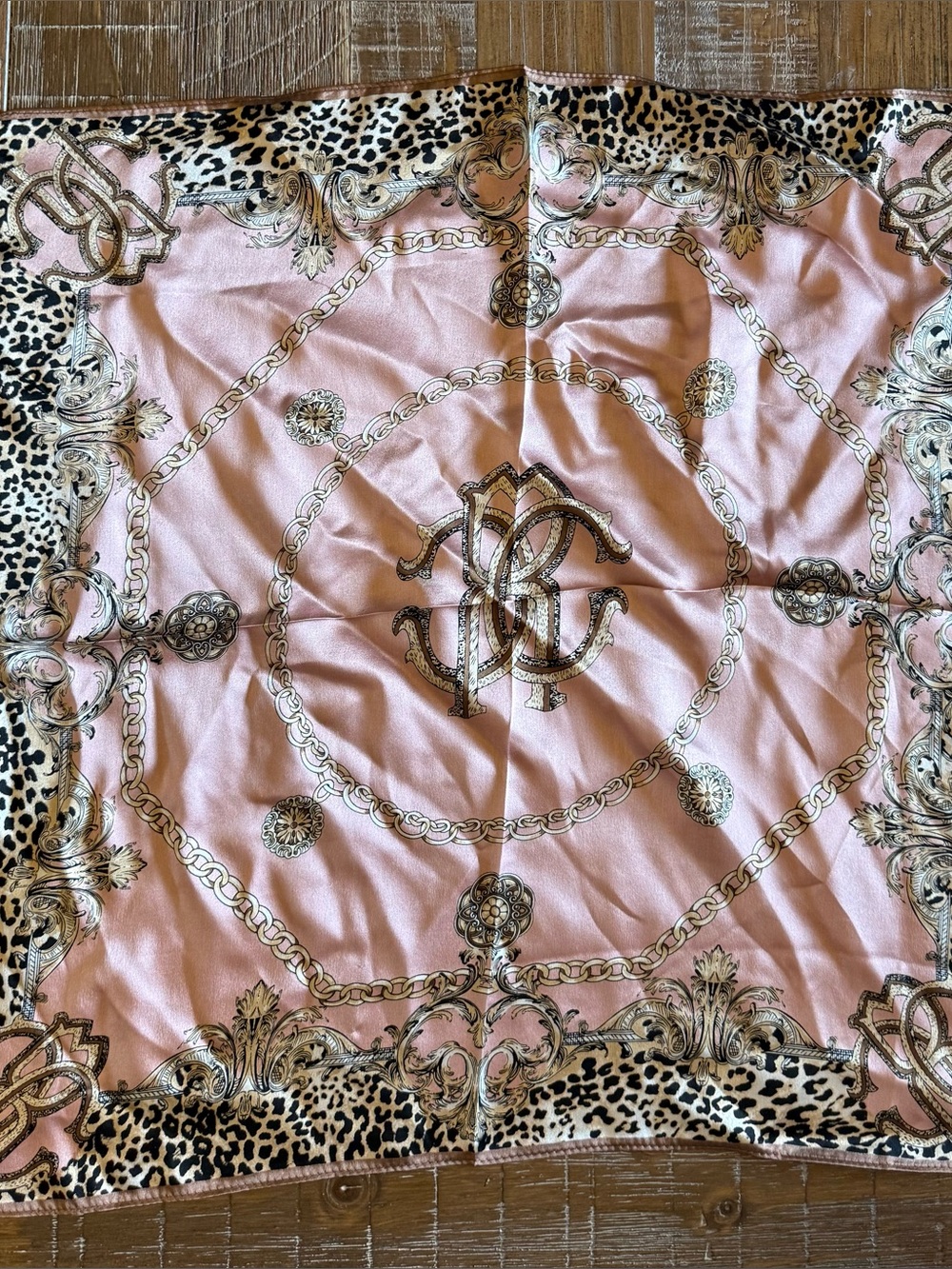 Monogrammed Pink Chain & Leopard Silk Scarf
